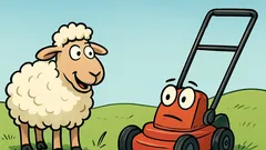 Witz: Auf der Wiese: Schaf trifft Rasenmäher